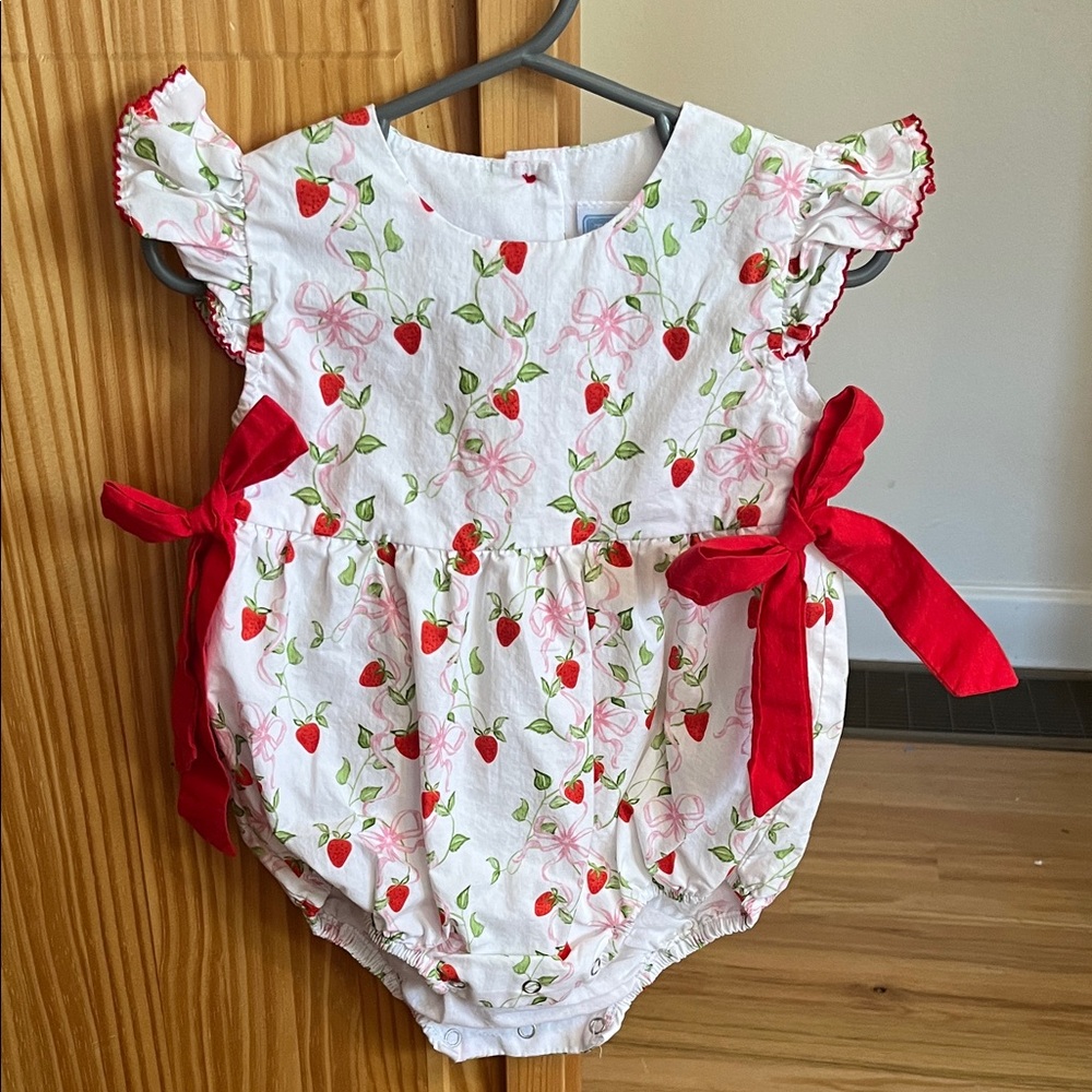 Trotter Street Kids Strawberry Print Baby Bubble Romper with Red Side Ties